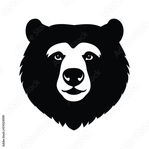 Bold black and white stylized bear head illustration on a white background, bear head silhouette vector illustration