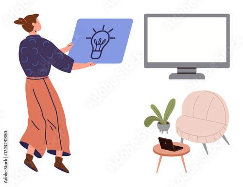 Woman holding a blue board with a light bulb graphic, symbolizing creativity. Workspace includes a modern chair, small table, potted plant, and screen. Ideal for office design, creativity