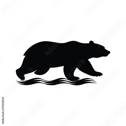 Bear silhouette walking near water or gentle waves in a minimalist style, bear swimming silhouette vector illustration