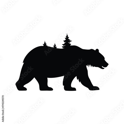 Silhouette of a Bear with Pine Trees on its Back Symbolizing Nature, bear walking in forest silhouette vector illustration