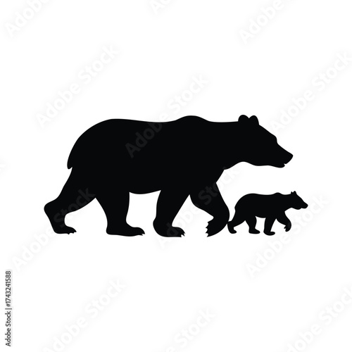 Silhouette of a Mother Bear Walking with Her Cub Illustration Art, bear walking with cubs silhouette vector illustration