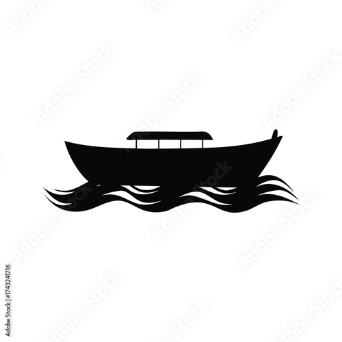 Silhouette of a boat with roof on water with waves at sea, boat silhouette vector illustration