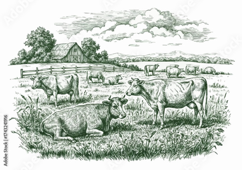 Cow and grassland design in dark green porcelain