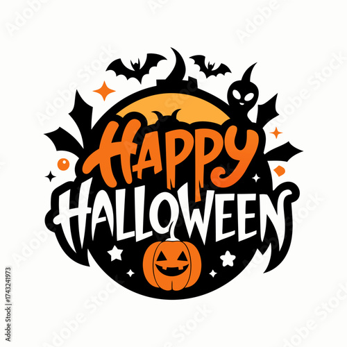 Happy Halloween. Festive Pumpkin and Bats Illustration
