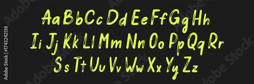 Handwritten cursive alphabet, brush stroke typography. Sketch black ink design header uppercase and lowercase letters. Font with organic texture. Yellow vector illustration on a blackboard.