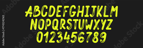 Handwritten alphabet with numbers, brush stroke typography. Sketch black ink design header uppercase letters. Font with organic texture. Yellow vector illustration on a blackboard.