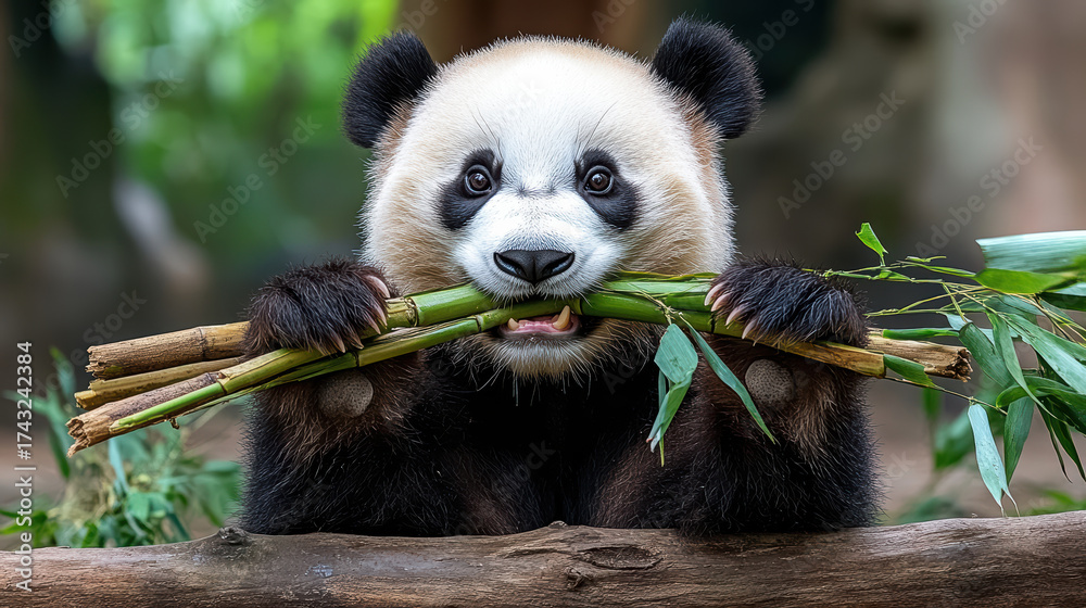 Fototapeta premium Close up of panda eating bamboo peacefully, showcasing its playful nature and vibrant