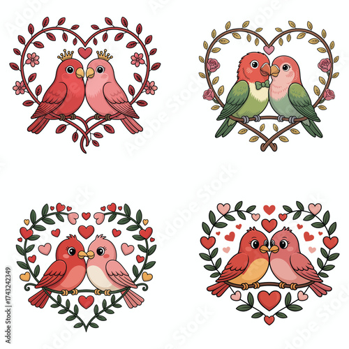 Four pairs of birds in heart frames lovebirds hearts