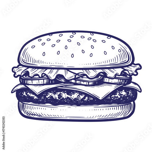 Hand drawn vintage burger with lettuce cheese onion and sesame seed bun illustration