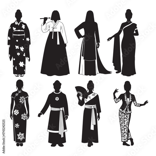 Diverse silhouettes of women in traditional cultural clothing from around the world