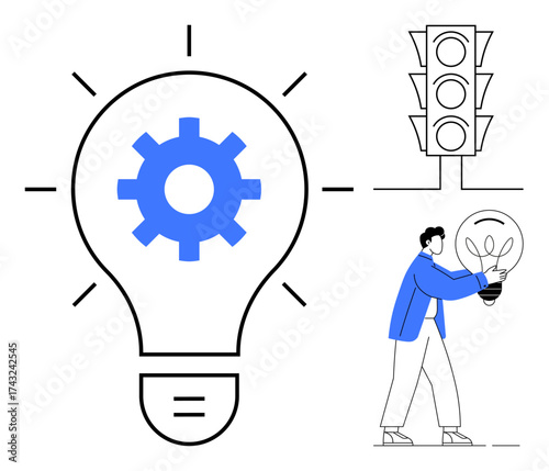 Light bulb with gear, traffic light, and person holding a bulb symbolizing innovation, decision-making, creativity, and process optimization. Ideal for technology, strategy, leadership growth
