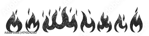 Set of fires or flames with crayon, pastel or chalk texture. Doodle black vector illustration isolated on a white background.