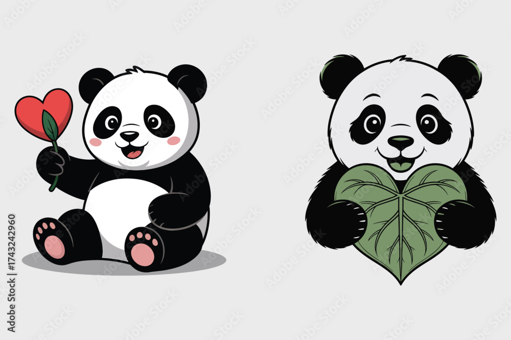 Naklejka premium Cute pandas holding heart shaped objects bear cartoon