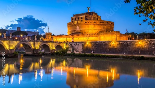 Lit fortress at night, reflected in tranquil water
