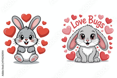 Adorable bunnies surrounded by hearts bunny rabbit