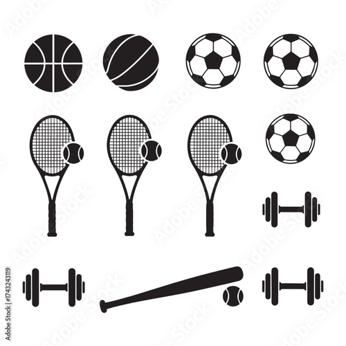 Collection of sports equipment icons including balls racquets dumbbells and baseball bat