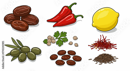 Middle Eastern food ingredients collection with transparent background