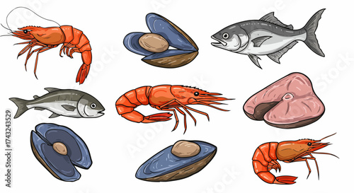 Seafood collection with mussels, fish, and shrimp