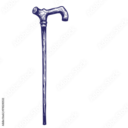 Hand-drawn illustration of a vintage walking cane in dark blue on white background