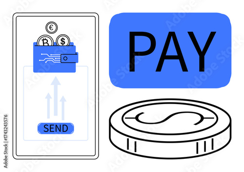 Smartphone interface with digital wallet, coins, and payment button illustrating financial operations. Ideal for fintech, e-commerce, digital banking, online transfer, payment apps, transaction