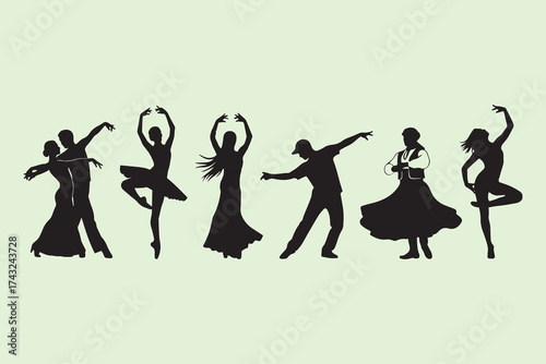 Silhouettes of diverse dancers performing various styles of dance in elegant poses against a light background