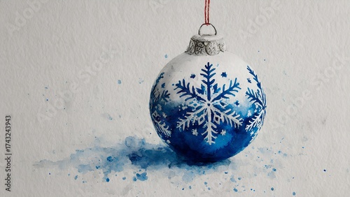 A watercolor design of a Christmas ornament with snowflakes, minimalist and Clean background, free space, Copy Space for Text, Do not contain letters,