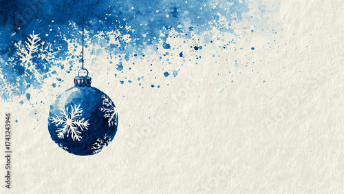 A watercolor design of a Christmas ornament with snowflakes, minimalist and Clean background, free space, Copy Space for Text, Do not contain letters,