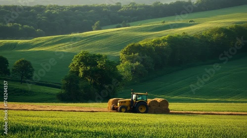 Scenic countryside landscape with a tractor working on a lush green field during summer