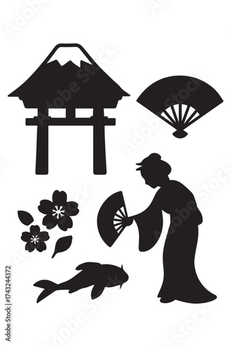 Silhouette of japanese cultural icons including a geisha mount fuji koi fish and cherry blossoms