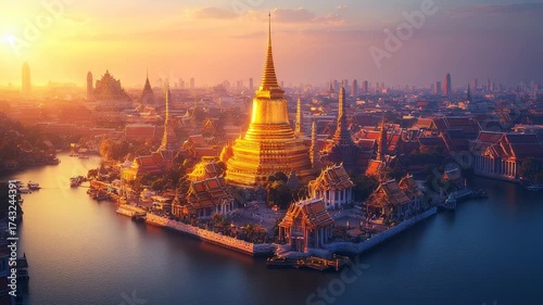 Golden light illuminates Bangkok's magnificent Wat Arun temple at sunset, revealing the iconic