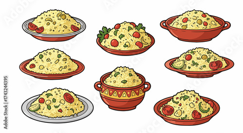 Various bowls of bulgur pilaf with vegetables