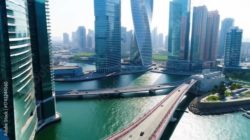 Aerial view of Dubai cityscape, showcasing modern architecture and urban infrastructure along the