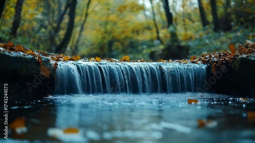 Scenic Autumn Waterfall Flowing Through Forest - Tranquil Nature Ambiance with Golden Leaves
