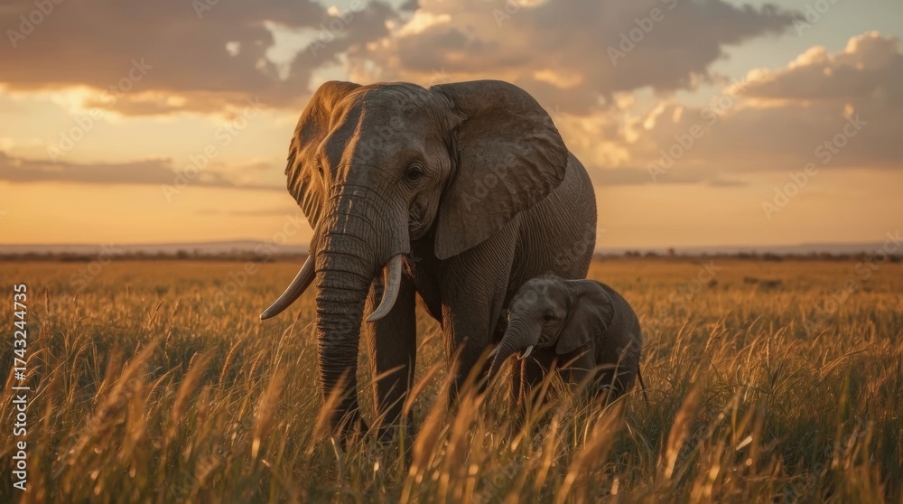 Fototapeta premium Majestic Elephants Roaming Golden Plains During Sunset Serenity