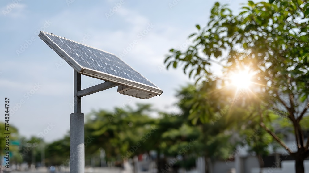 Obraz premium Solar panel street light with bright sun flare