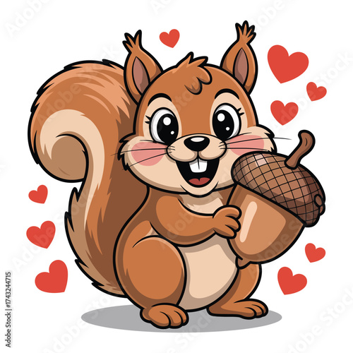 Cute squirrel holding acorn surrounded by hearts brown
