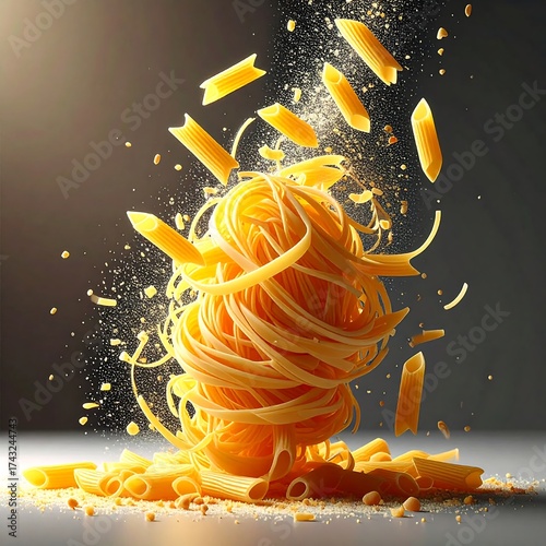 Pasta composition with motion, abstract, studio lighting