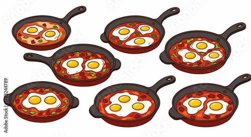 Shakshuka in pans breakfast dish with tomatoes and eggs