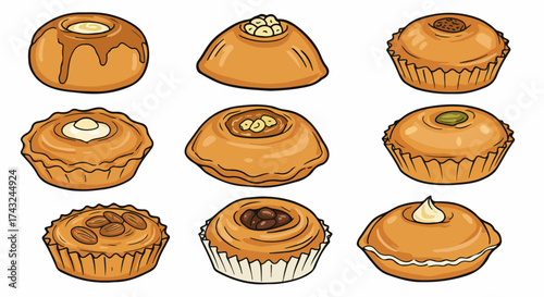 Assorted pastries and buns with toppings