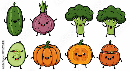 Cute food characters cucumber onion broccoli pumpkin with transparent background
