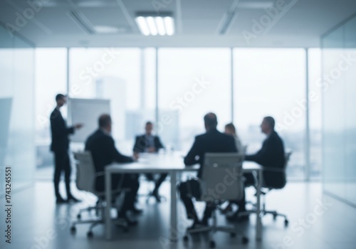 Blurred Silhouettes of a Business Team in a Modern Conference Room Meeting.