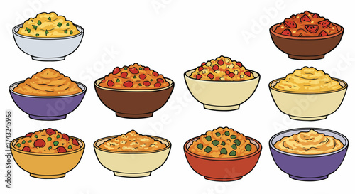 Various bowls of colorful food dishes