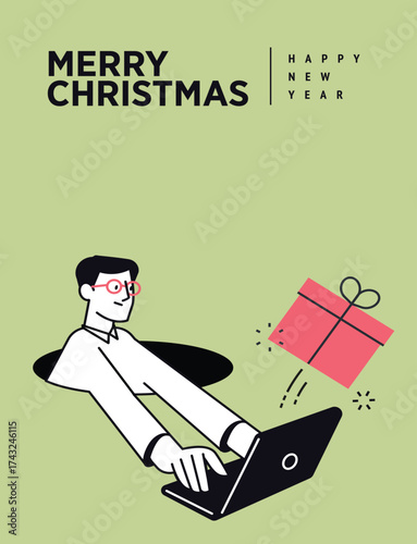 Illustrated man emerging from a hole, working on a laptop as a Christmas gift floats towards him, with "Merry Christmas" text.