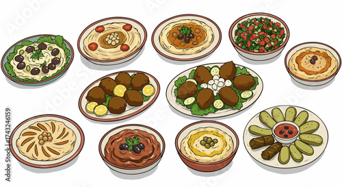 Middle Eastern food platter with various dips and appetizers