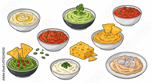 Assorted dips and snacks with tortilla chips