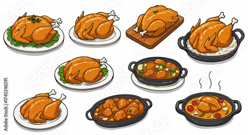 Various roasted chicken dishes on plates and in cookware