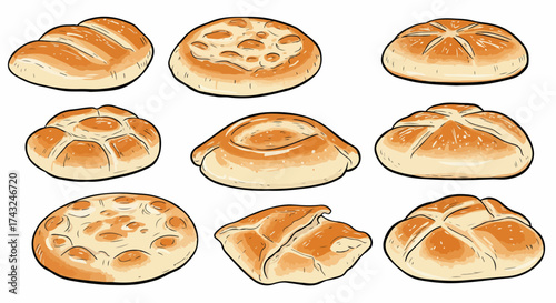 Assorted baked bread rolls collection with transparent background