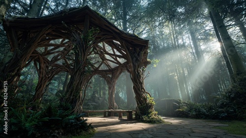 Wooden gazebo in forest