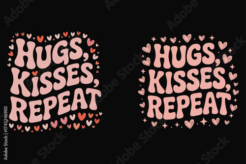 Hugs kisses repeat text with hearts and stars vector