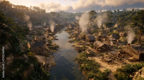 Wooden village river landscape
